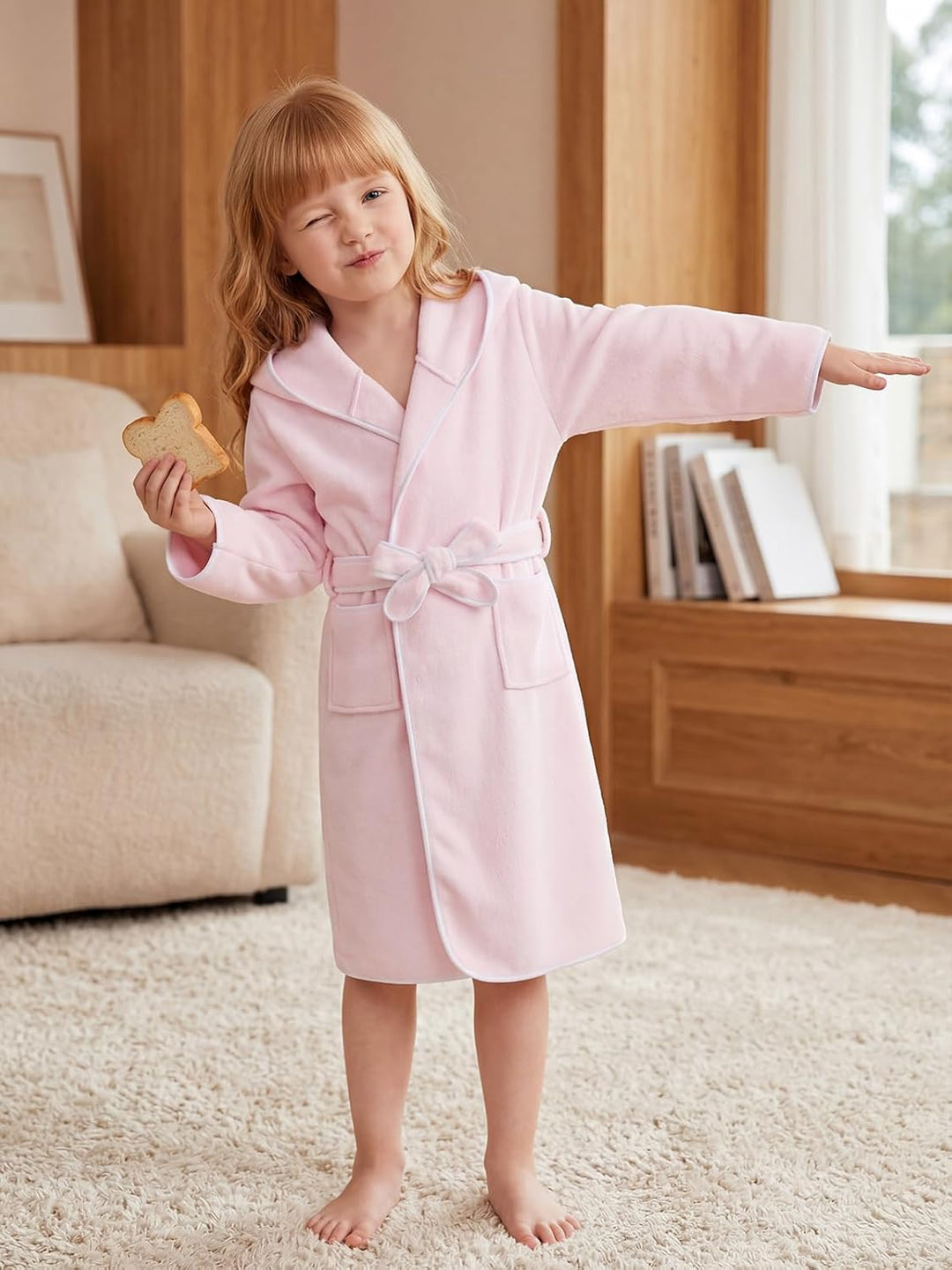 JiAmy Kinder Bademantel mit Kapuze Coral Fleece Leicht Morgenmantel mit Kontrastband Weich Saugfähig