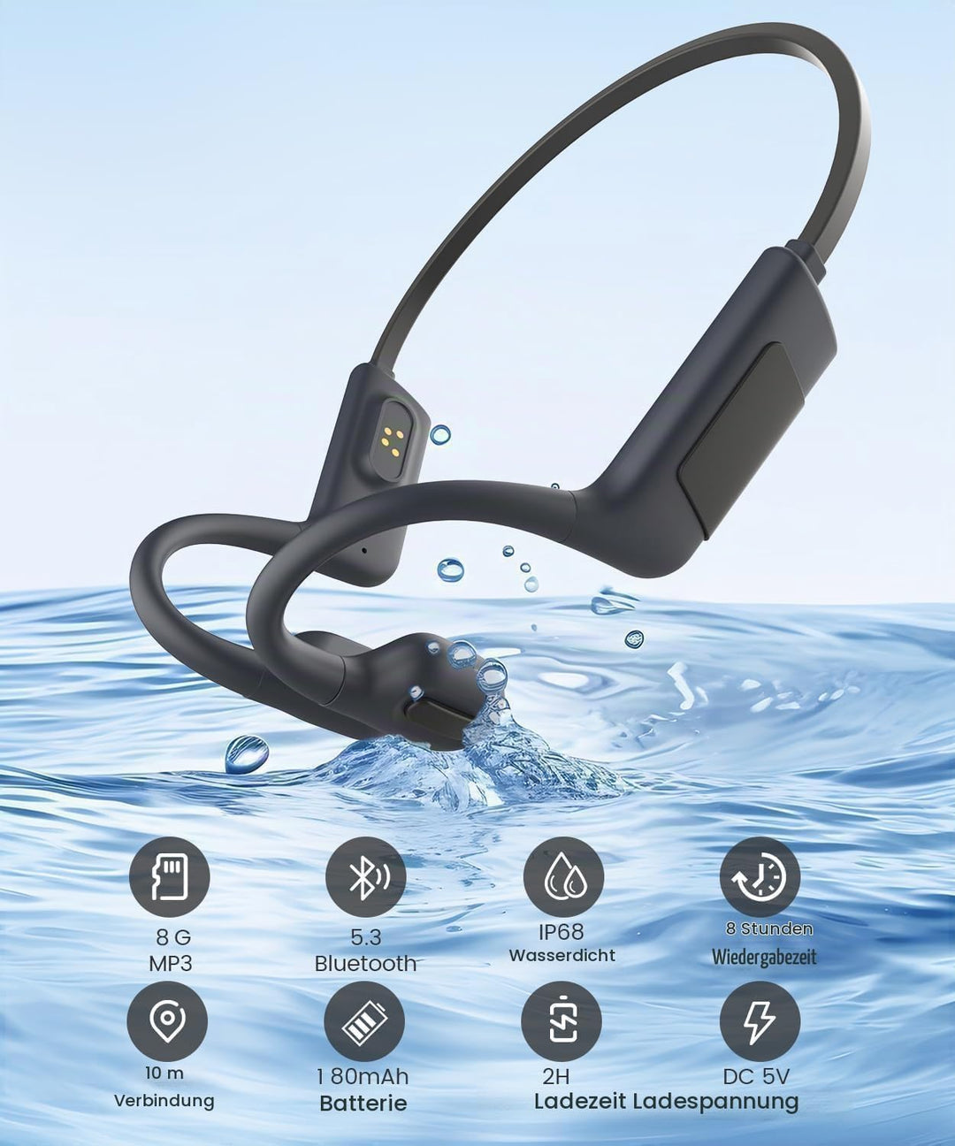 MONODEAL Kopfhörer Schwimmen, IP68 Knochenschall Kopfhörer Bluetooth 5.3 Sport Bone Conduction Kabel