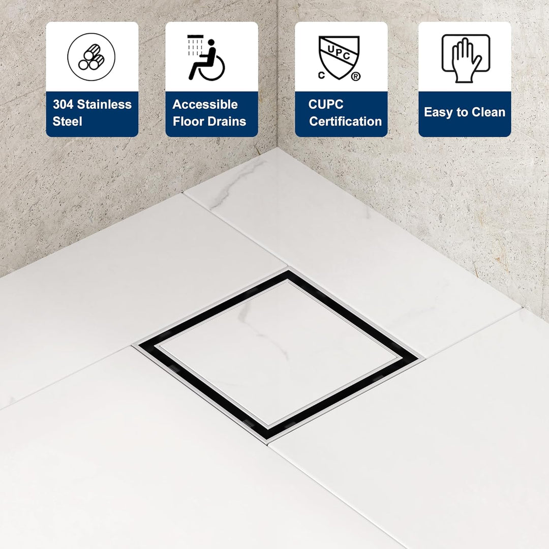 Neodrain Duschrinne Quadratisch Edelstahl Bodenablauf mit 360° Siphon Geruchsstop, Haarfilter 2 in1