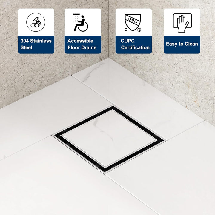 Neodrain Duschrinne Quadratisch Edelstahl Bodenablauf mit 360° Siphon Geruchsstop, Haarfilter 2 in1