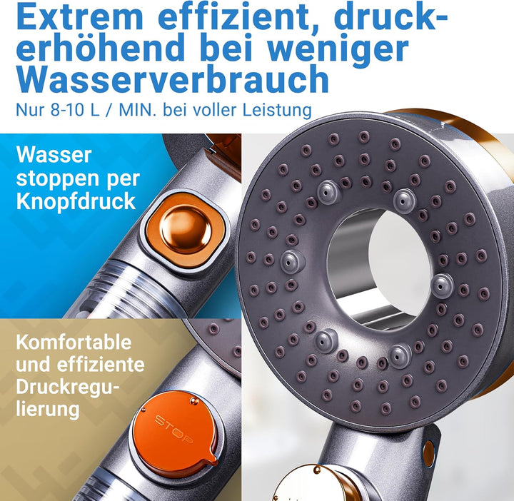 LOBENSWERK Duschkopf mit Filter [3 Modi - inkl. Booster] Duschkopf wassersparend mit Mineralperlen |
