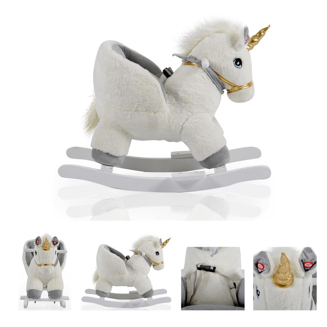 Moni Plüsch Einhorn Schaukeltier Moon WJ-6188, Handgriffe aus Holz Musikfunktion weiss, Weiß