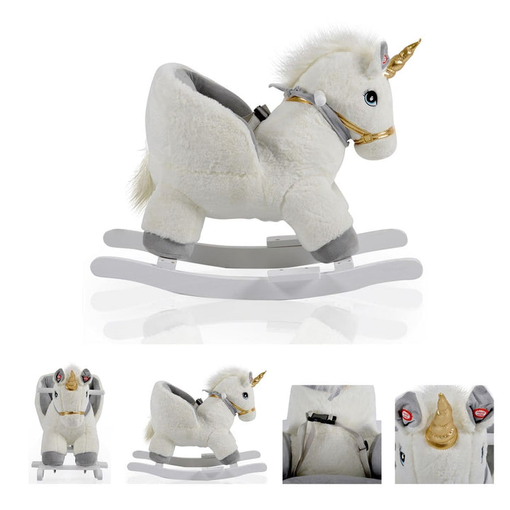 Moni Plüsch Einhorn Schaukeltier Moon WJ-6188, Handgriffe aus Holz Musikfunktion weiss, Weiß