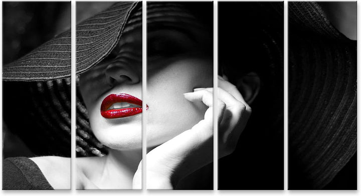 islandburner Leinwandbild Mysteriöse Frau Mit Schwarzem Hut Und Roten Lippen - Leinwand 160x80cm - 5