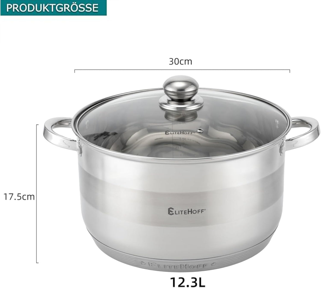 EliteHoff Kochtopf, 7-Lagen Edelstahl Topf Induktion Kochtöpfe Nudeltopf Suppentopf mit Glasdeckel f