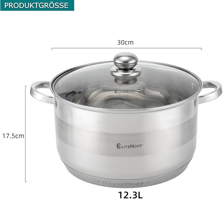 EliteHoff Kochtopf, 7-Lagen Edelstahl Topf Induktion Kochtöpfe Nudeltopf Suppentopf mit Glasdeckel f