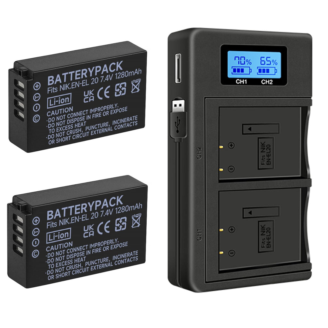 2 Stück EN-EL20 EN-EL20a Akkus und Smart LCD Display Dual USB Ladegerät für Nikon Coolpix P950, P100