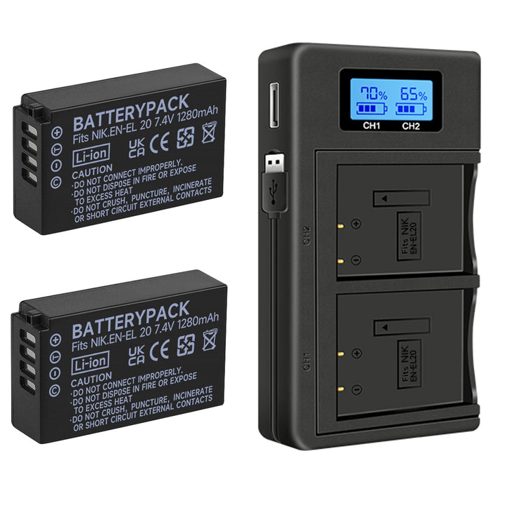 2 Stück EN-EL20 EN-EL20a Akkus und Smart LCD Display Dual USB Ladegerät für Nikon Coolpix P950, P100