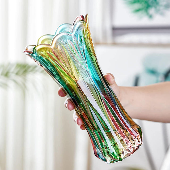 Kristallglas-Blumenvase, Regenbogenfarbene Glasvase, Pflanzenbehälter, dekorative Vase für Zuhause,