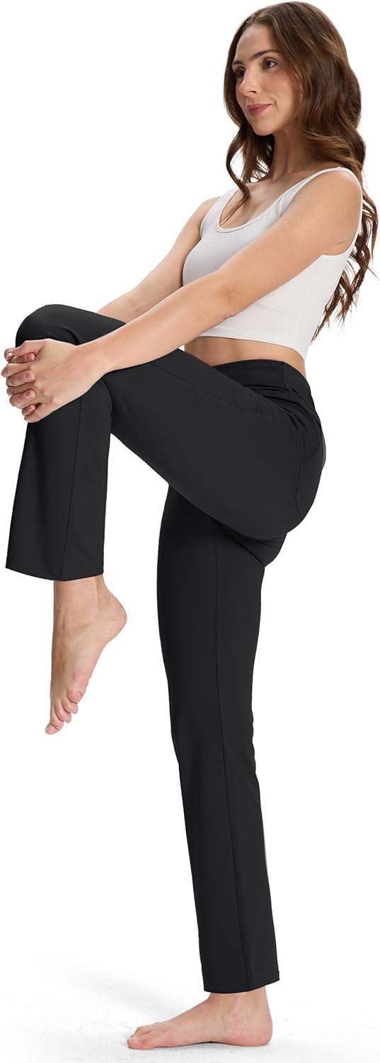 MOVE BEYOND Butterweiche Damen Straight Leg Yoga Hose mit 4 Taschen Bauchfrei Workout Arbeitshose S