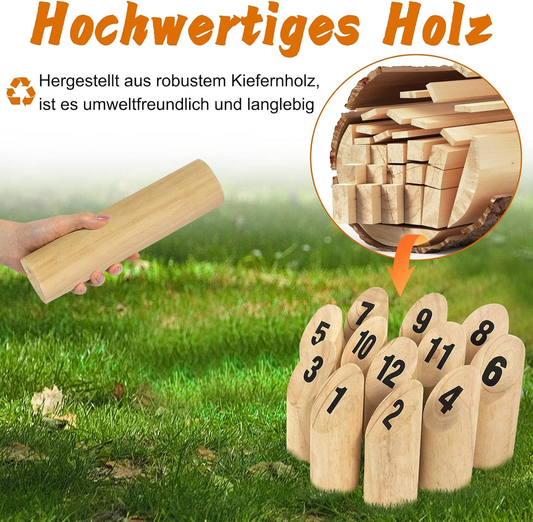 Aufun Kubb Wikingerspiel HolzWurfspiel für draussen, aus Kiefernholz und mit 12 hölzernen Zahlen, Wi
