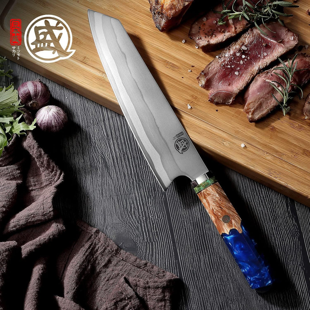 MITSUMOTO SAKARI 21 cm Kiritsuke Küchenmesser, Handgeschmiedetes Kochmesser | 7 Lagen 440C Damast Fl