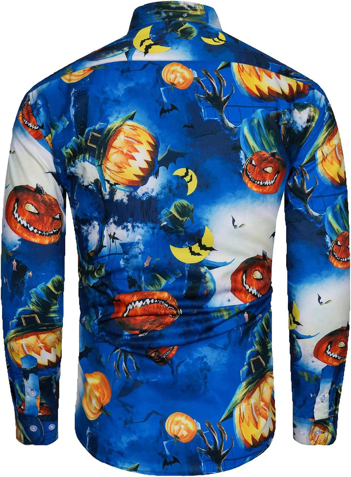 MOHEZ Herren Halloween Hemd Langarm Lustig Funky Kürbis Skull Schädel Druck Kostüm Urlaub Shirt Tops