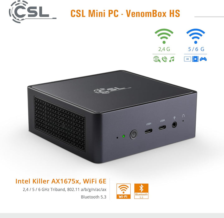 Mini PC CSL VenomBox HS Windows 11 Pro, AMD Ryzen 7 8845 HS 8X 3800 MHz, 4000 GB M.2 SSD, 96 GB DDR5