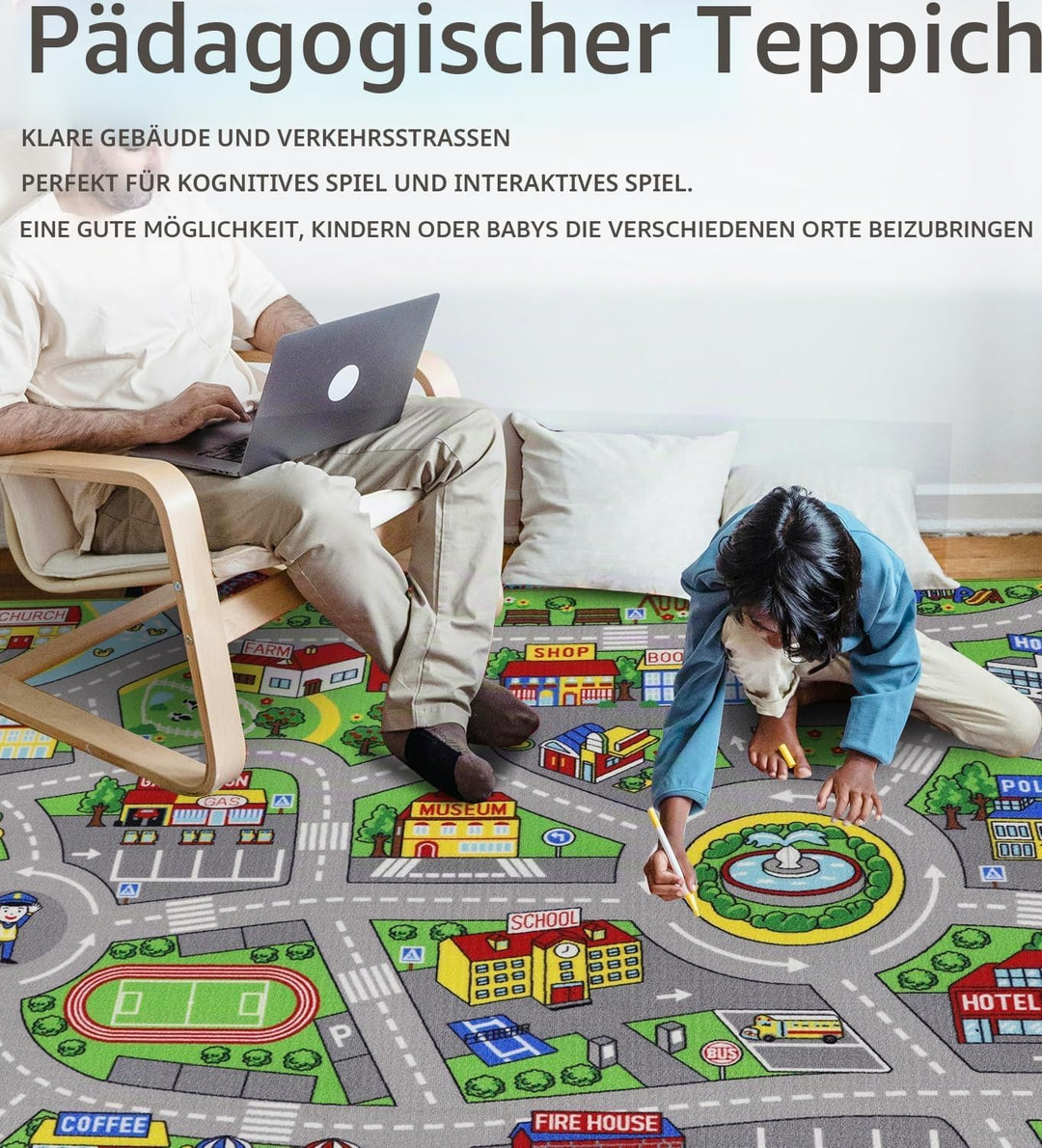 Capslpad Autoteppich Kinder 150x200cm rutschfest Kinderteppich Stadtplan Interaktiver Spielteppich W