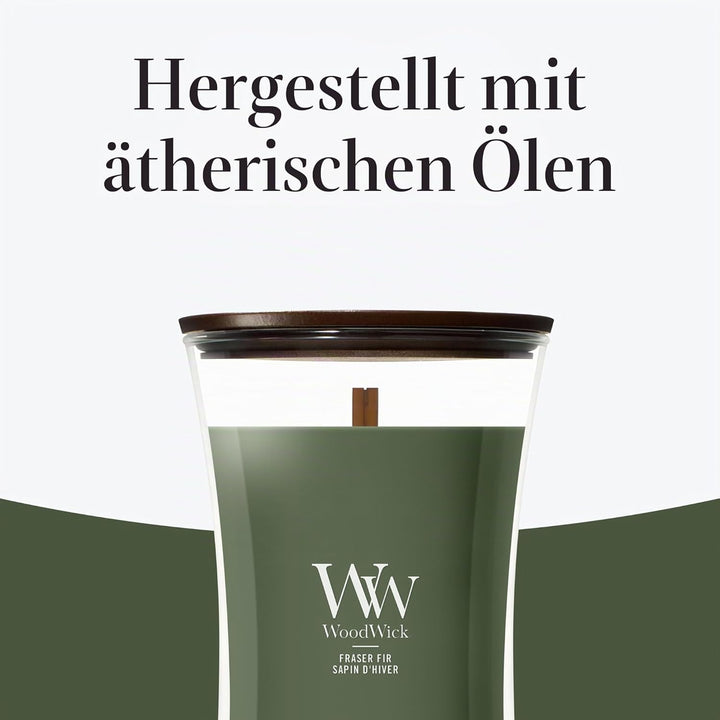 WoodWick Grosse Duftkerze im Sanduhrglas mit knisterndem Docht | Fraser Fir | bis zu 130 Stunden Bre