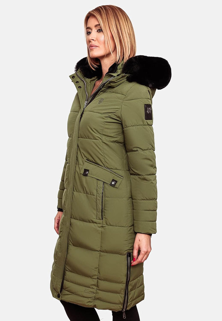 Navahoo Damen Wintermantel Warmer Steppmantel lang mit Abnehmbarer Kapuze Fahmiyaa XS-3XL XS Dusty O