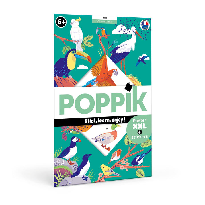POPPIK 1841149 Sticker-Poster, Vögel, interaktives Lernposter mit Aufklebern, mehrsprachiges Vogelpo
