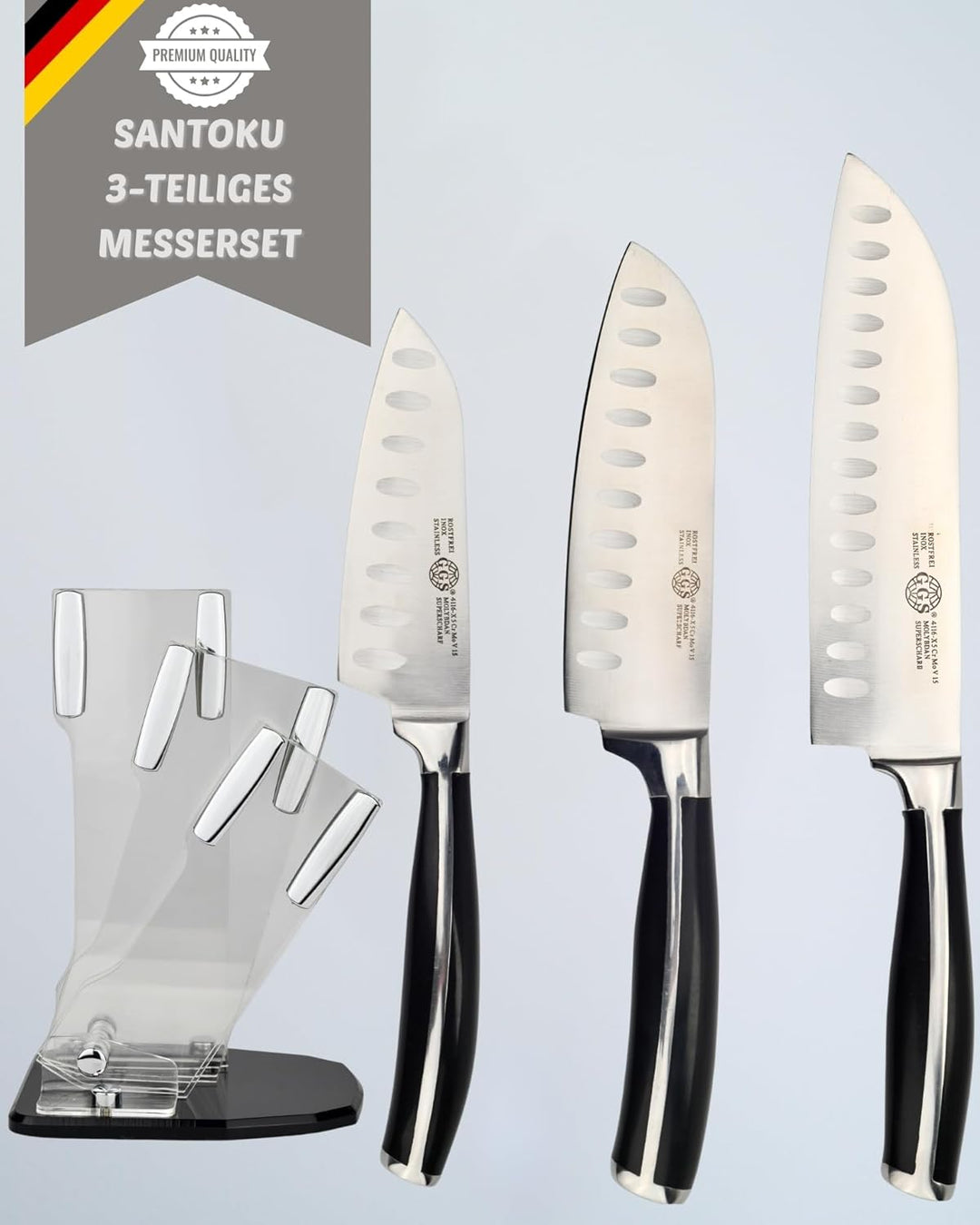 GGS Solingen Santoku Messer Set 4-teilig – Küchenmesser Set Edelstahl mit Messerblock, 3 Santokumess
