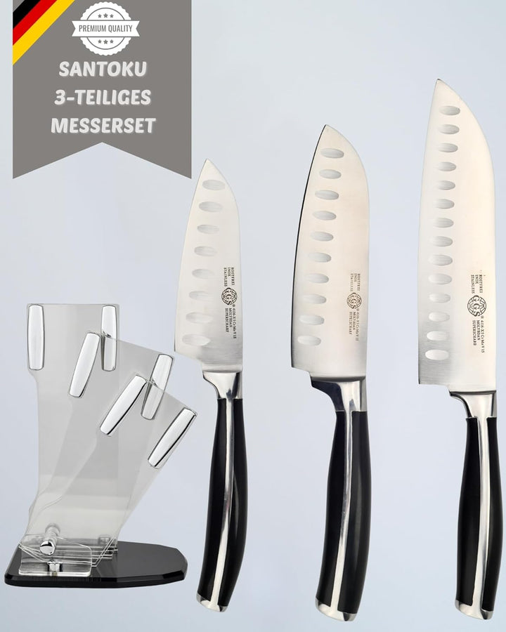 GGS Solingen Santoku Messer Set 4-teilig – Küchenmesser Set Edelstahl mit Messerblock, 3 Santokumess