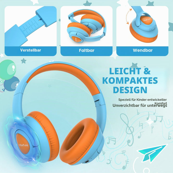 VibeTune Kinder Bluetooth Kopfhörer, 60 Stunden Spielzeit, Lautstärkebegrenzung 85/94dB, Bluetooth 5