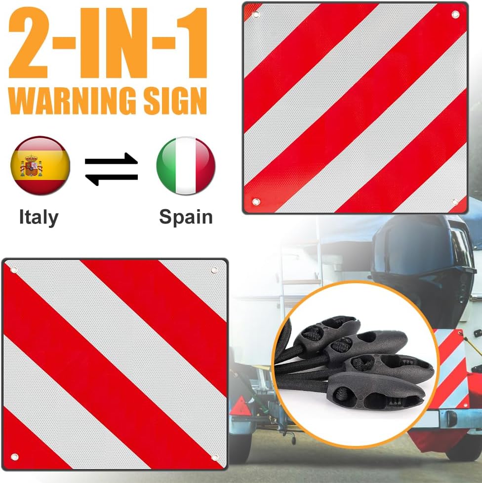 Warntafel, 2 in1 Warntafel Italien Spanien mit 4 Spannseile, 50 x 50 cm Warnschild Fahrradträger für