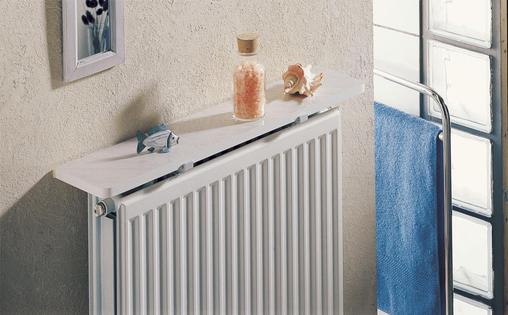 Merveille – Heizkörperregal ohne Bohren – Wendeset Melamin Weiss/Hacienda – Verformungsbeständig – S