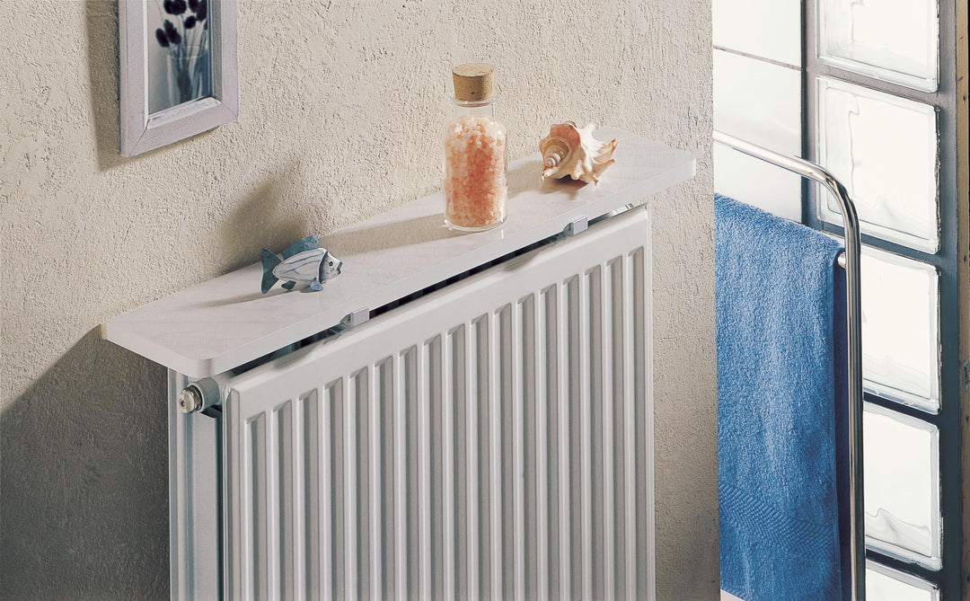 Merveille – Heizkörperregal ohne Bohren – Wendeset Melamin Weiss/Hacienda – Verformungsbeständig – S