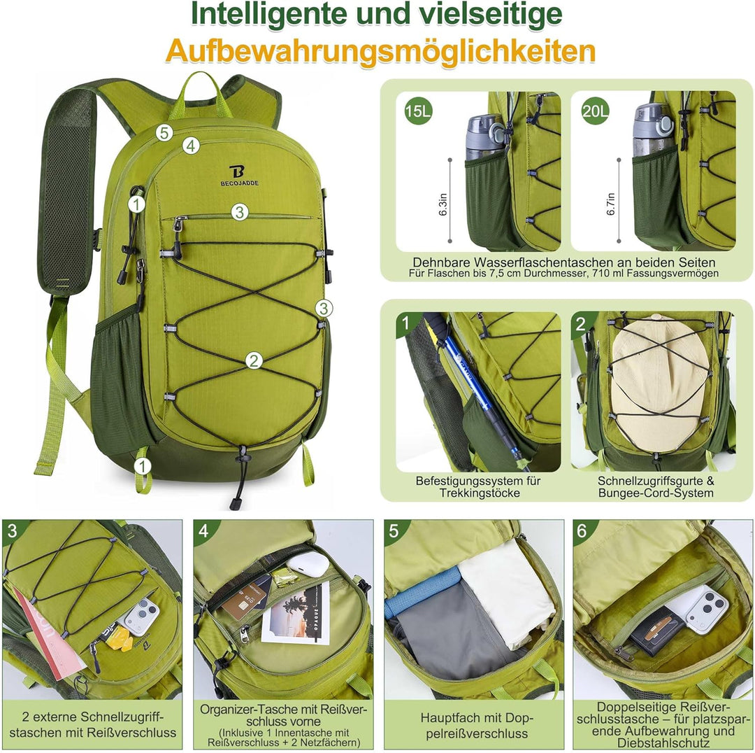 BECOJADDE 20L Kleiner Wanderrucksack Tagesrucksack Herren Damen Leichter Faltbarer Rucksack mit Brus