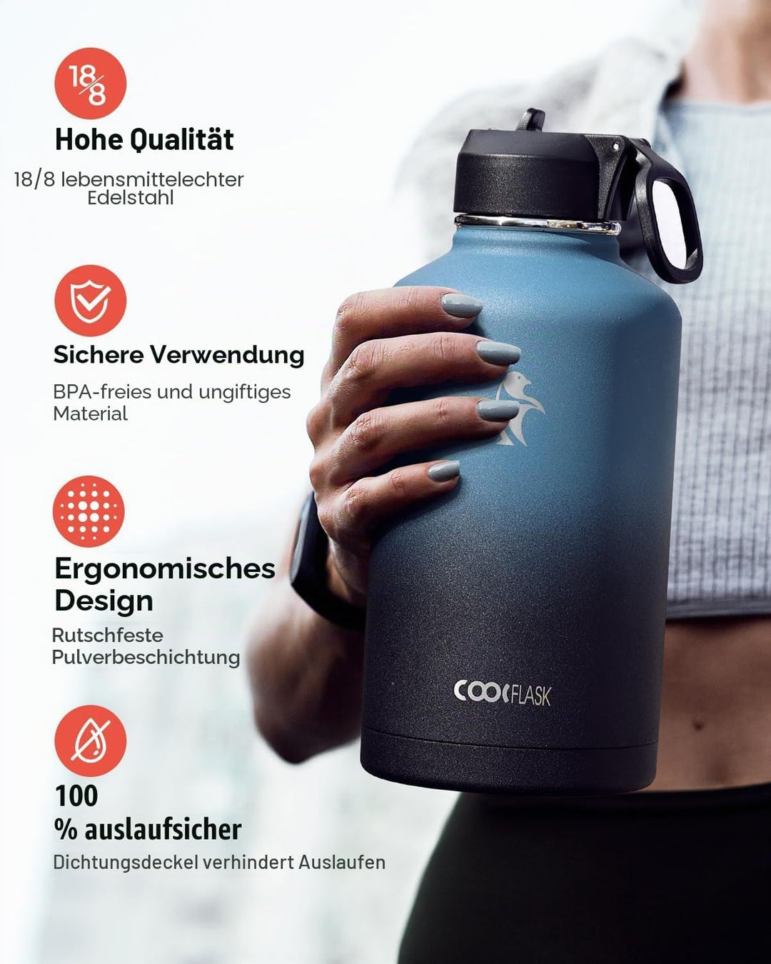 Coolflask Isolierte Wasserflasche 2L, Wasserflasche mit Strohhalm & 3 Deckeln, Isolierte Trinkflasch