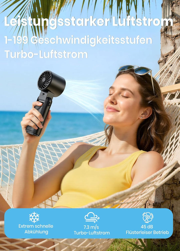 Handventilator Akku aufladbar mit LED-Display & Clip, 1-199 Stufen, 3-in-1 Ventilator für Hand, Nack