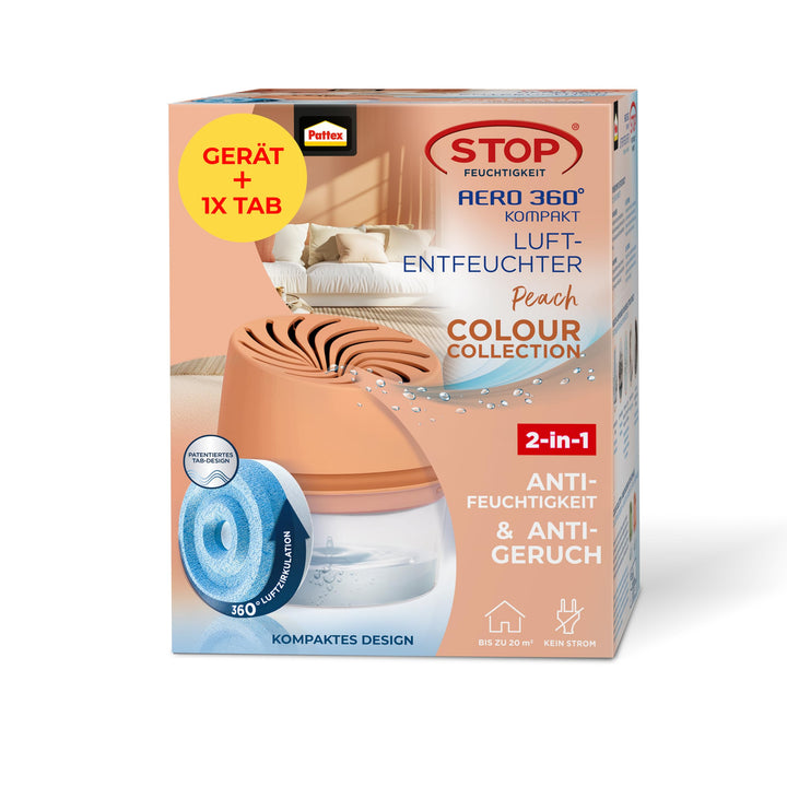 Pattex AERO 360° Kompakt Luftentfeuchter Peach Colour Collection, 1 Gerät inkl. 1 Nachfülltab, Raume