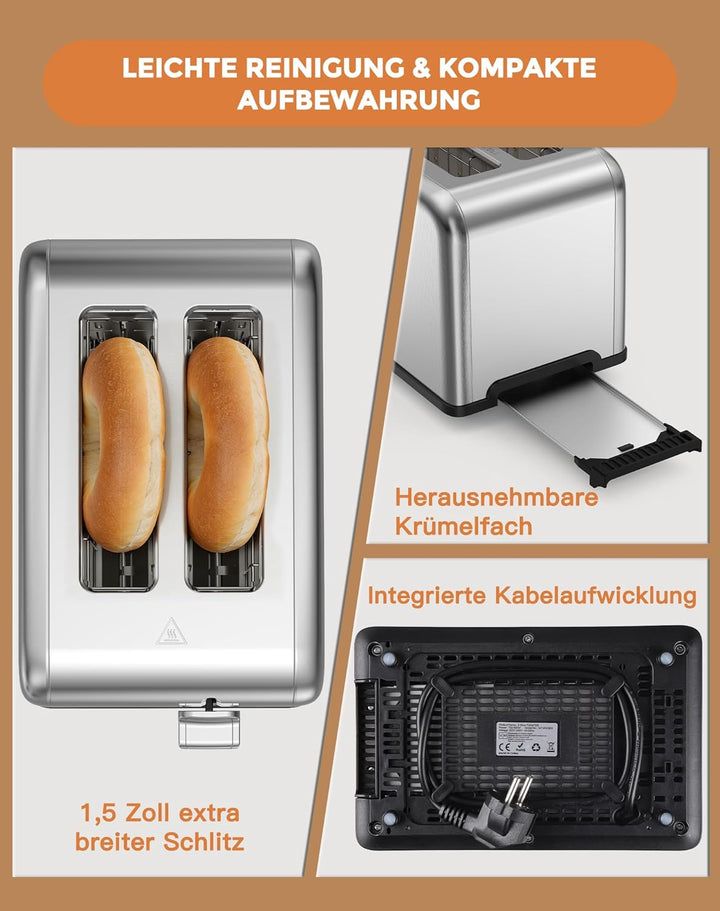 Toaster 2 Scheiben, LED-Touchscreen, Edelstahl Langschlitztoaster, 6 Bräunungsstufen, 6 Brotprogramm