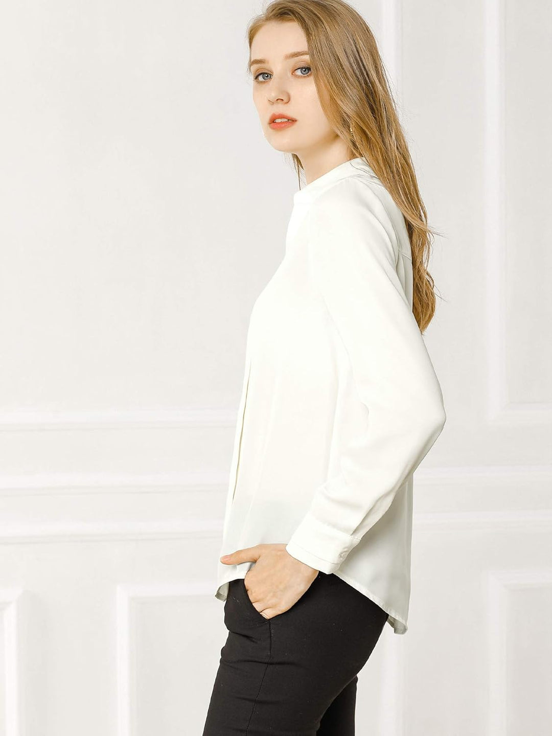 Allegra K Damen Satin Bluse Langarm Hemdkragen V-Ausschnitt Shirt Elegant Top M Weiss, M Weiss