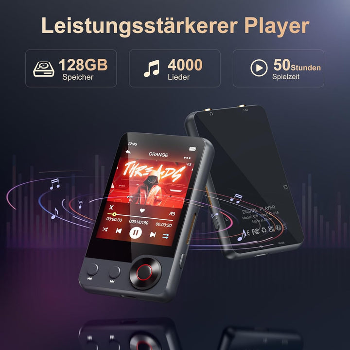 128GB MP3-Player mit Bluetooth 5.3, 2,4 Zoll tragbarer Voll-Touchscreen-Musikplayer mit Lautsprecher