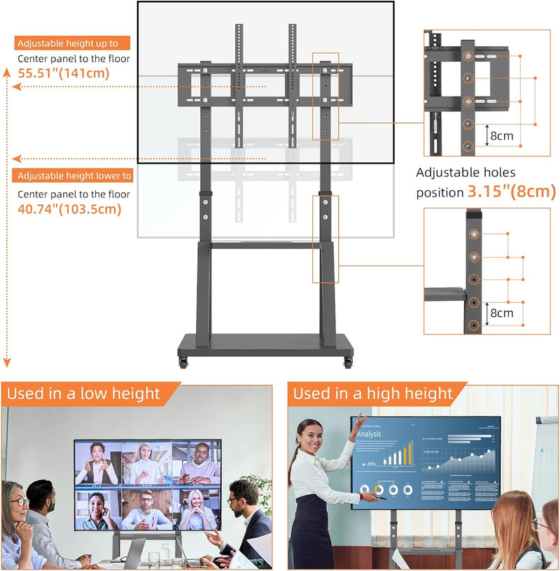 UNHO TV Ständer mit Rollen, TV Standfuss Universal Mobil Wagen, Höhenverstellbar Extra Stabil Fernse