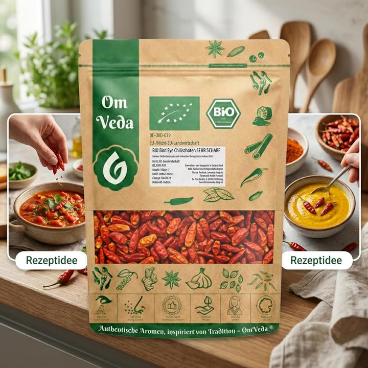 BIO Chilischoten | Birds Eye Chili Ganz | Sehr Scharf Schärfegrad 9 | Rote Getrocknete Chili Schoten