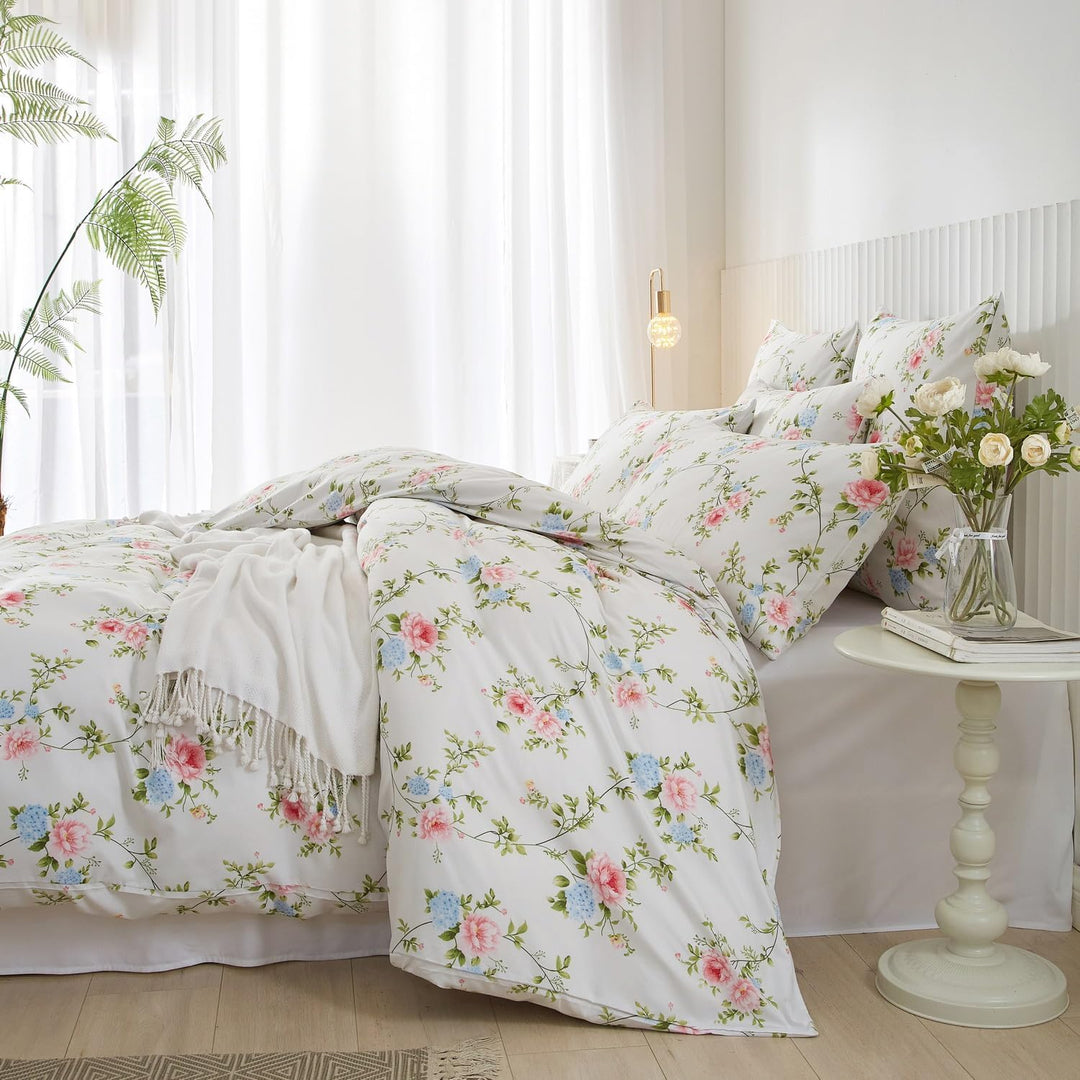 DXHOME Blumen Bettwäsche 4teilig 135x200 Weiss Blau Rosa Floralem Muster Atmungsaktiv Leicht Weiche