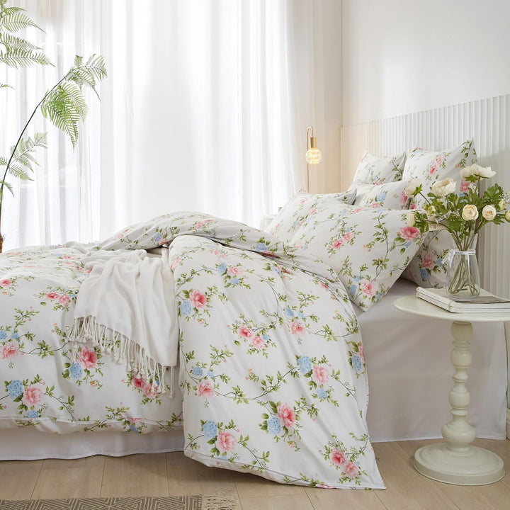DXHOME Blumen Bettwäsche 4teilig 135x200 Weiss Blau Rosa Floralem Muster Atmungsaktiv Leicht Weiche