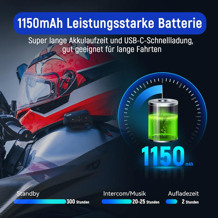 LEXIN MeshCom Mesh 3.0 Helm Intercom, Motorrad Headset Bluetooth 5.0, Motorradhelm Kommunikationssys