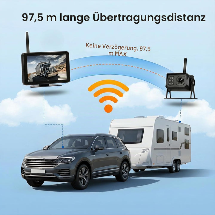 CAMECHO [Touchscreen] Rückfahrkamera Kabellos IP68 Wasserdicht mit 7 Zoll HD Monitor Dashcam Nachtsi
