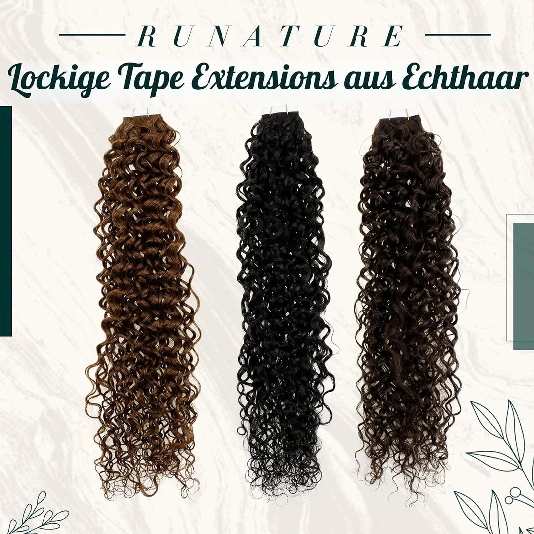RUNATURE Tape in Extensions Echthaar Braun 35cm 20pcs Locken Haarverlangerung Invisible Tape Extensi