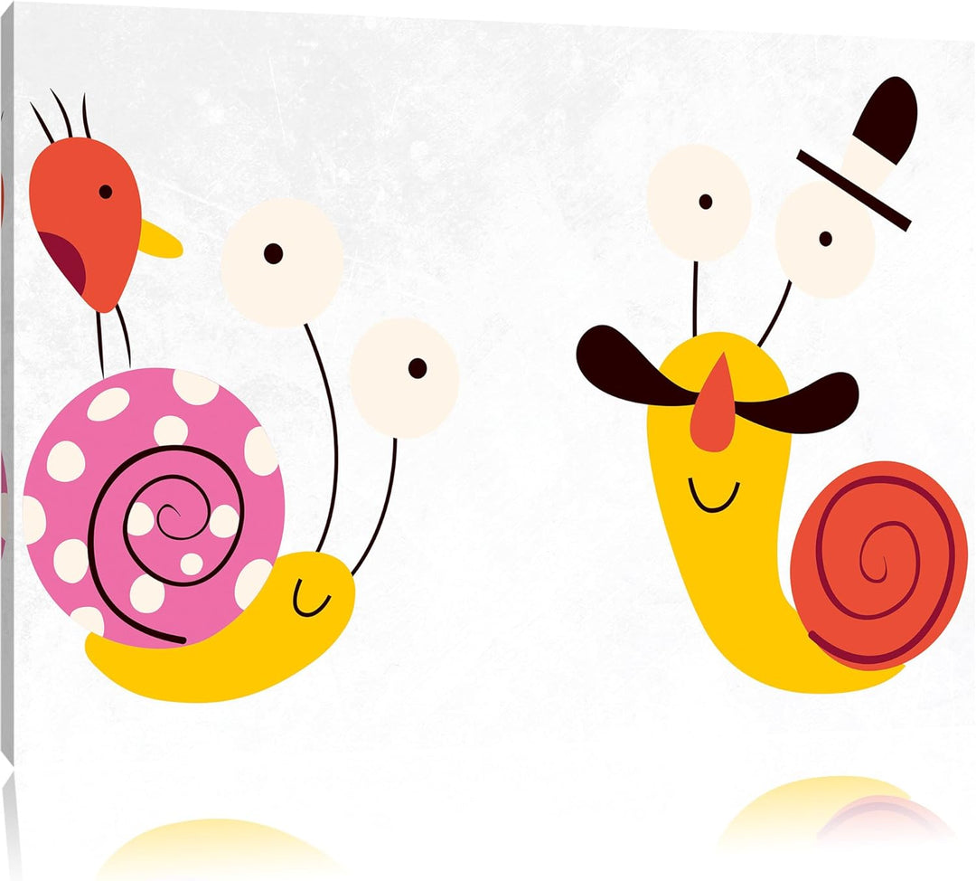 Pixxprint lustige Schnecken mit Vogel als Leinwandbild/Grösse: 100x70 cm/Wandbild/Kunstdruck/fertig