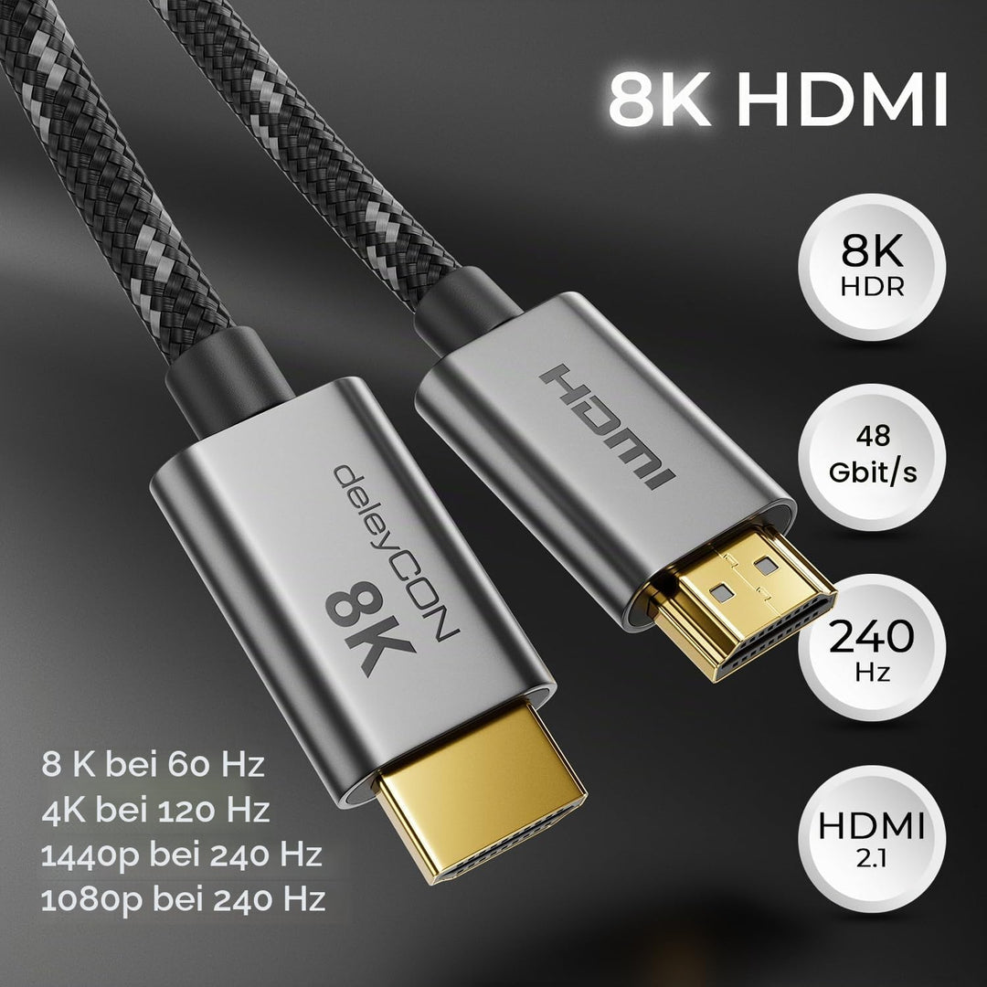 deleyCON 8K HDMI 2.1 Kabel 7,5m - für TV, Monitor, PS4, PS5, Xbox, Dolby Atmos Soundbar eARC, HDR10+