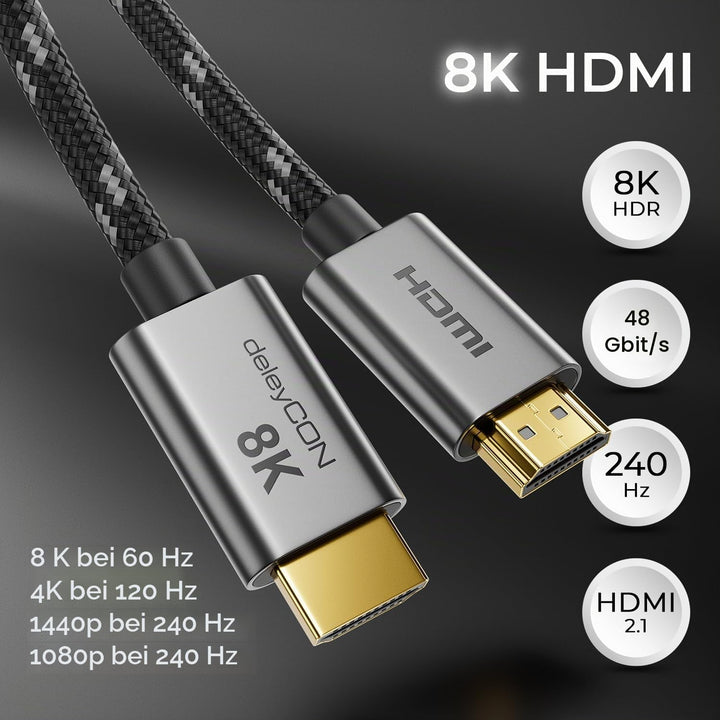 deleyCON 8K HDMI 2.1 Kabel 7,5m - für TV, Monitor, PS4, PS5, Xbox, Dolby Atmos Soundbar eARC, HDR10+