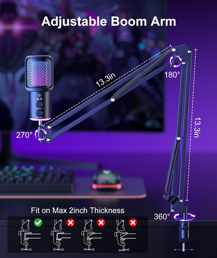 Gaming USB Mikrofon Kit mit Galgenarm - RGB Kondensator Mikrofon mit Geräuschunterdrückung, Stummsch