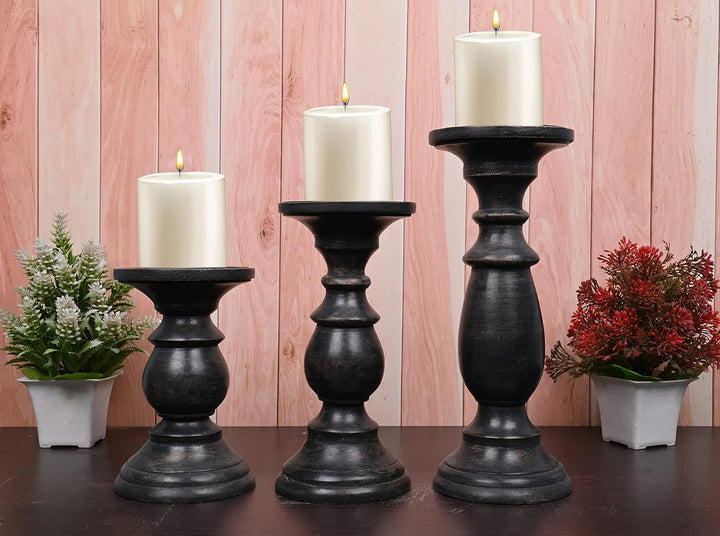 SAMHITA Set mit 3 Kerzenhaltern aus Mangoholz, in schwarzer Oberfläche, für Tischdekoration, Kerze f