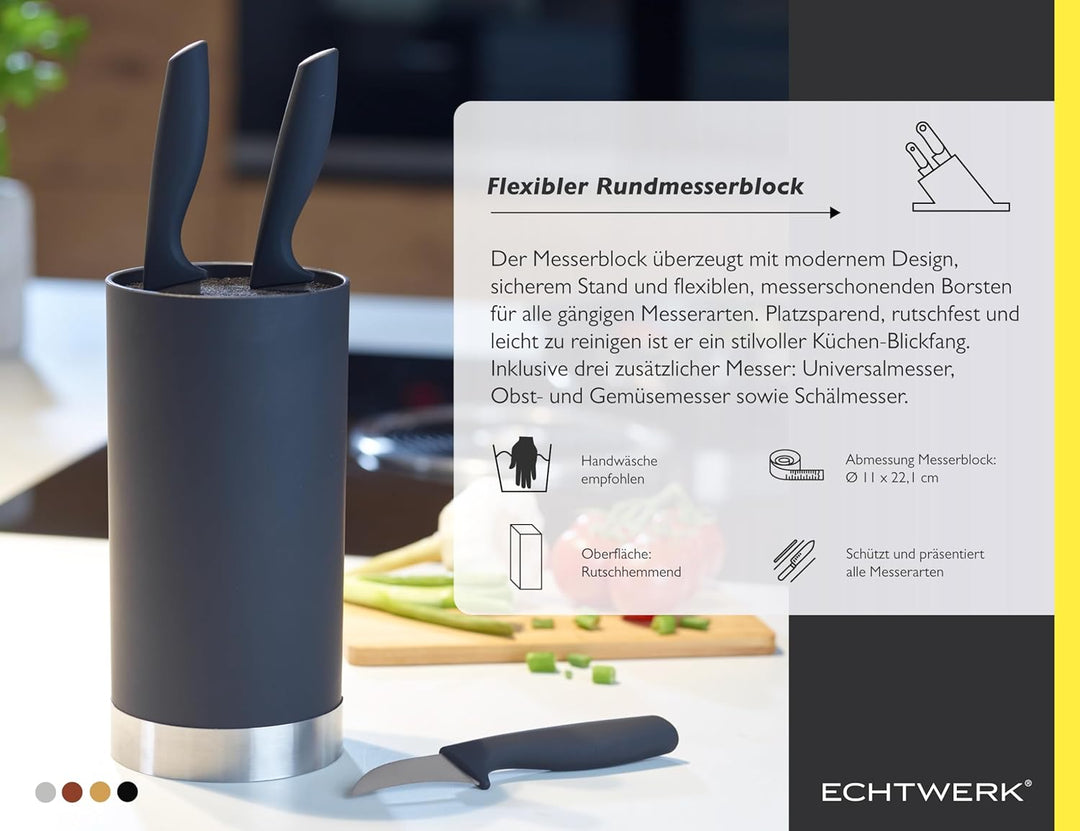 ECHTWERK Messerblock mit Borsteneinsatz |Küchenmesser Set 4tlg | Universalmesser | Schälmesser | Gem