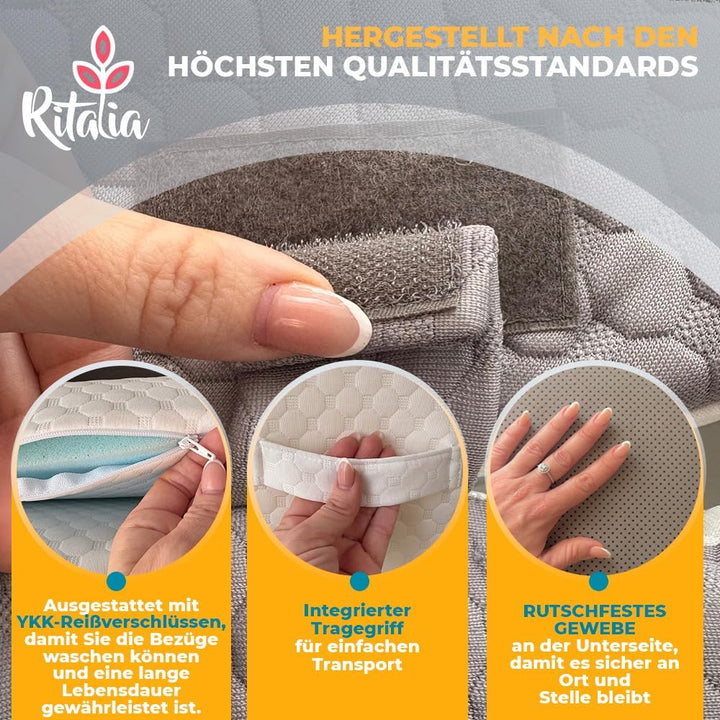 Ritalia Keilkissen 60x60x30 cm Grau | 3 Höhen | Rückenkissen Bett, Venenkissen, ergonomisches Sitzki