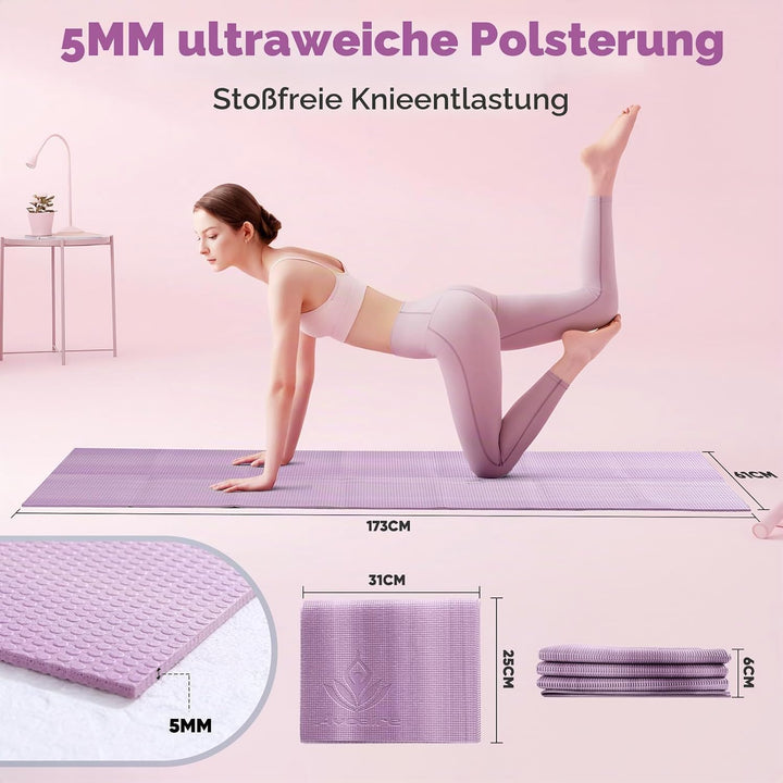 Avoalre Yogamatte rutschfest,173 X 61CM Tragbare Trainingsmatte 5MM,reise Yogamatte faltbar Gymnasti